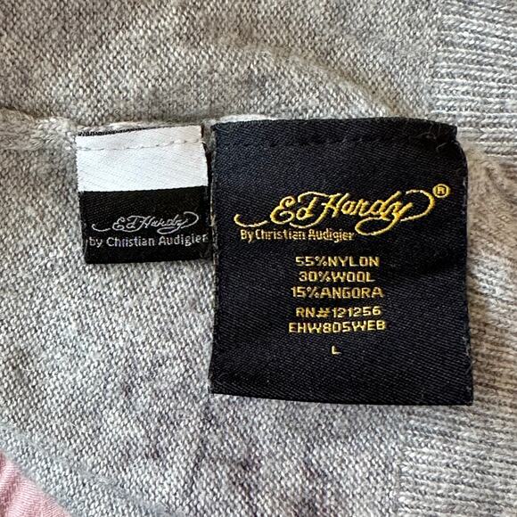 Ed Hardy Vintage Y2K Sweater by Christian Audigier Flower Bird Skull Tattoo Gray - Picture 12 of 13